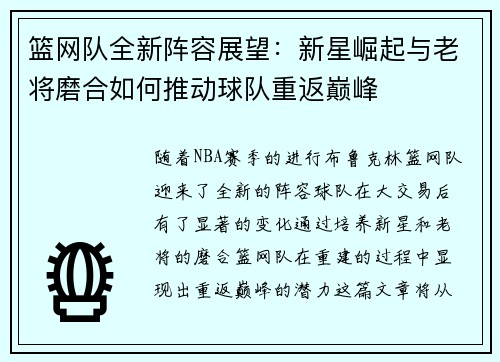 篮网队全新阵容展望：新星崛起与老将磨合如何推动球队重返巅峰